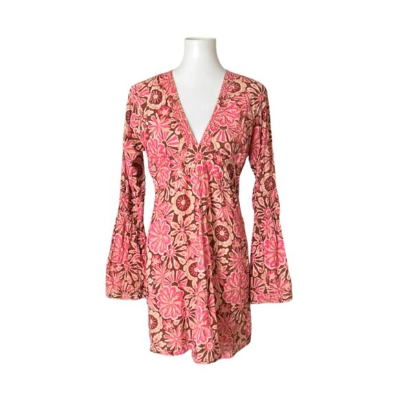 Rare Y2K Johnny Was Boho Tunic – Pink Floral, Bell Sleeves, Size 2 (S) - Picture 1 of 6